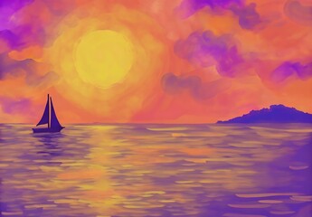 Fototapeta premium Sunset at the ocean. illustration.