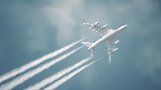 Airplane climbing into a clear blue sky, leaving white contrails against a backdrop of soft clouds. - Powered by Adobe