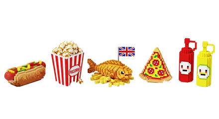 Pixelated fast food items including hot dog popcorn fish and chips pizza and condiments isolated on transparent background