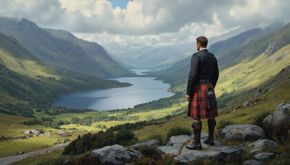 Fototapeta premium Man in traditional Scottish kilt stands on rocky outcropping overlooking scenic valley in Scottish Highlands. Earthy tones of surrounding landscape contrast with red plaid kilt. Vast valley stretches