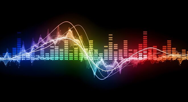 Abstract digital audio equalizer with a spectrum of vibrant colors against a dark background symbolizing sound and music visualization