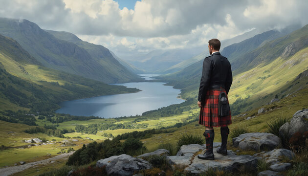 Man in traditional Scottish kilt stands on rocky outcropping overlooking scenic valley in Scottish Highlands. Earthy tones of surrounding landscape contrast with red plaid kilt. Vast valley stretches