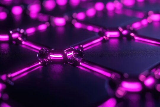 A 3D render of a neon purple network on a dark, reflective surface, creating a futuristic and connected aesthetic.