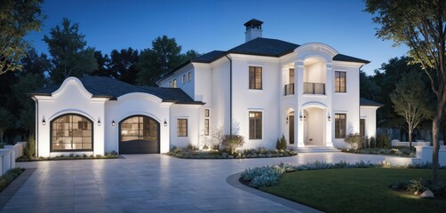 Modern luxury house in serene suburban neighborhood at night. White two-story mansion with black roof, central entrance. Symmetrical windows, well-manicured lawn, quaint house in background with red