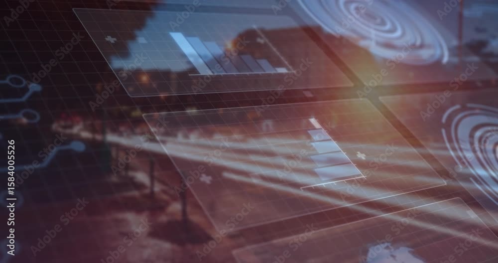 Poster road opening at dusk showing ui panels fading and animating charts, pulsing radar visualizing data