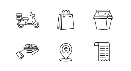 Line art icons depicting delivery scooter, shopping bag, takeout box, hand holding food, map pin, receipt