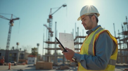 Construction foreman analyzes blueprints and uses a cell phone on the job site, ensuring project accuracy with oversight of steel structure and crane operation.