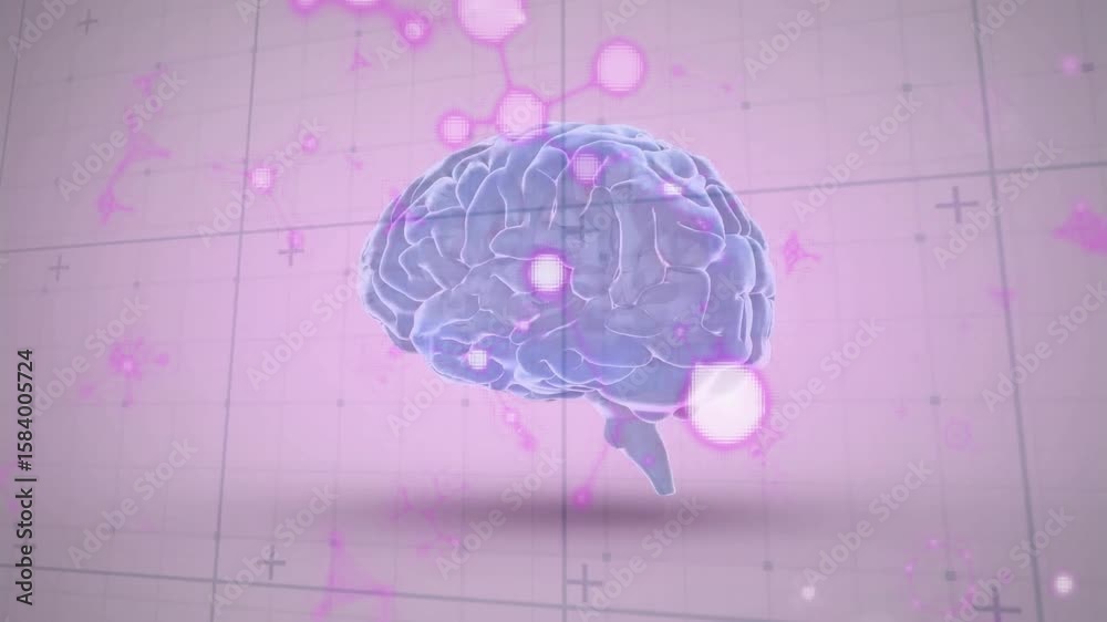 Poster particle arrival levitating 3d brain rotating as pink particles drifting, visualizing simulation