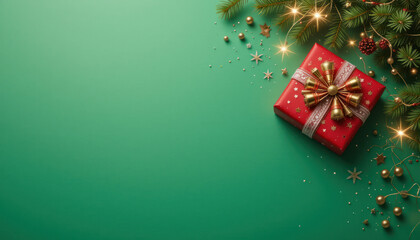 Red gift box with gold ribbon, nestled amongst Christmas decorations on a green background.