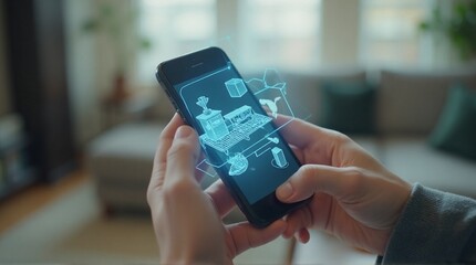 A person using a smartphone with an augmented reality interface that displays a virtual shopping experience inside a home environment for planning interior decor using technology.