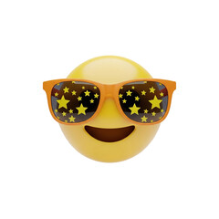 Happy yellow emoji wearing orange sunglasses with stars reflected in the lenses isolated on transparent background