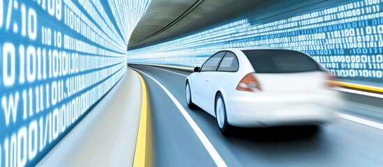 Car speeding through digital tunnel, data stream background, tech concept