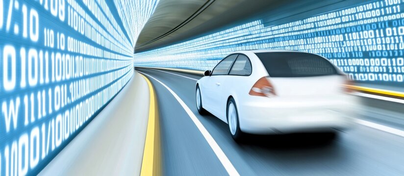 Car speeding through digital tunnel, data stream background, tech concept - Powered by Adobe