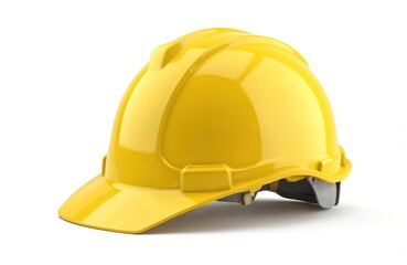 Yellow hard hat with white visor and chin strap. Central position, slightly tilted. White background highlights yellow color. Bright yellow safety headgear. Isolated object.