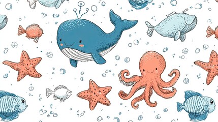 Obraz premium Cute cartoon sea creatures on white background