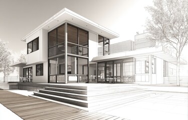 Architectural rendering of a modern house design overlaid with blueprint sketch