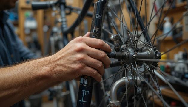 Close-up of a person's hands working on the wheel of a bicycle in a workshop. - Powered by Adobe