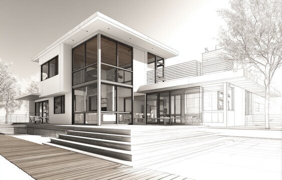 Architectural rendering of a modern house design overlaid with blueprint sketch
