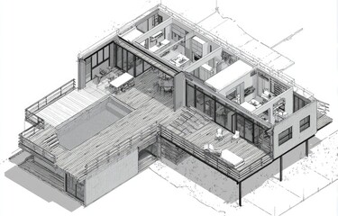 Architectural drawing of a modern house with a pool and deck