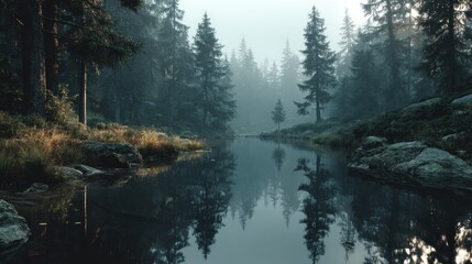 Fototapeta premium Serene Misty Forest Lake: A Tranquil Nature Scene