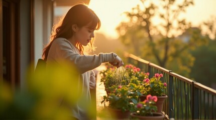 Young woman tending to beautiful geraniums in pots on a sunlit balcony, watering them gently at sunset, showcasing gardening and a peaceful lifestyle scene outdoors.