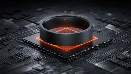 A dark-gray, circular fitness tracker rests atop a glowing circuit board