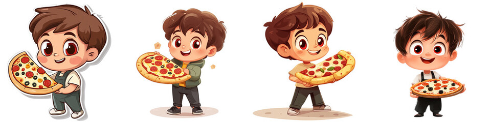 Cute Cartoon Boys Holding Delicious Pizzas – Wholesome Kids Character Set with Whole Pizza Illustrations – Hand-Drawn Style – Isolated on Transparent Background