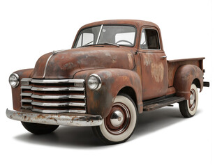Rustic vintage brown pickup truck on isolated white background. Faded, rusted color with white front bumper, black tailgate. Round headlights, square rearview mirrors. Old American vehicle, classic