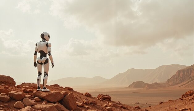 Humanoid robot observing a barren desert landscape with rocky terrain and distant mountains, futuristic concept of aerospace exploration or technology companies