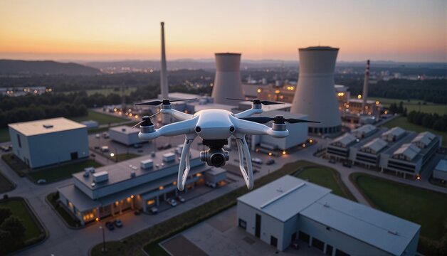 Aerial view of an advanced drone flying over a nuclear power plant at sunset, showcasing technology and industrial architecture, concept of energy and innovation