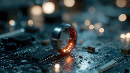 Metallic ring, glowing red lights, circuit board