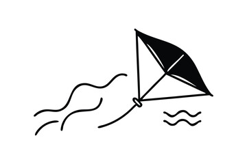 Black kite flying with wavy tail and wind lines white