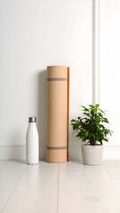 Rolled Yoga Mat with Water Bottle Vertical Mockup