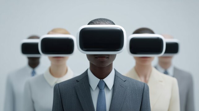 A group of individuals donning virtual reality headsets. A symbolic depiction of immersive technology, digital transformation, and a glimpse into the future.