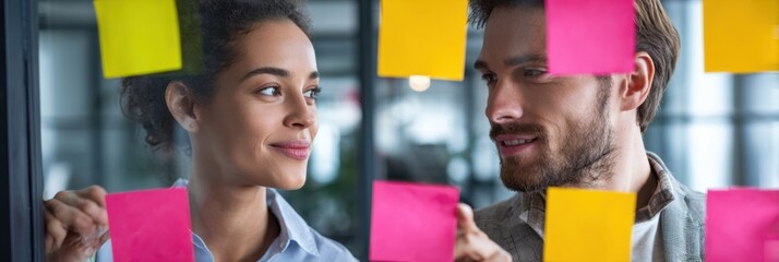 Office Workers Exchange Sticky Notes Through an Open Divider Window During a Collaborative Task in a Modern Workspace