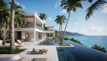 Fototapeta premium Modern beachfront villa with pool surrounded by palm trees and overlooking serene blue ocean. Luxurious property with multiple balconies, large pool with deck, clear blue sky and tropical ambiance.
