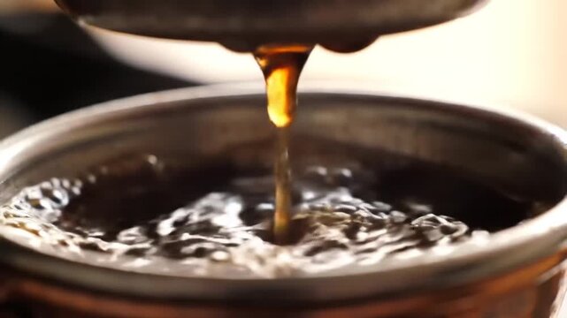 Pouring Fresh Coffee From A Coffee Machine Into A Cup Close Up