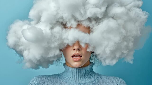 Beautiful young woman with white cloud engulfing her head. Brain fog concept