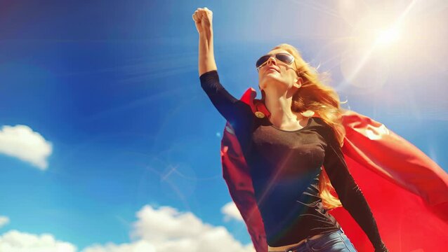 Brave superwoman flying in sky