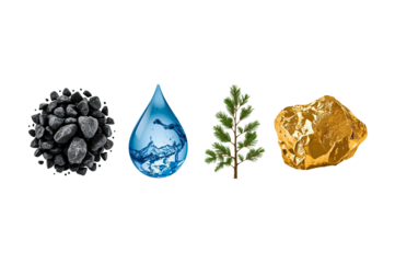 Earth elements stone, water, wood, gold; nature background