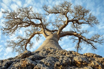 A striking baobab tree stands tall, its bare branches reaching towards a blue sky with delicate, wispy clouds above rocky terrain.