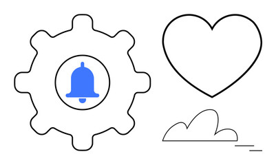 Gear with a notification bell, outlined heart, and cloud with line accents. Ideal for technology, alerts, love, simplicity, personalization settings and connectivity themes. Simple flat metaphor