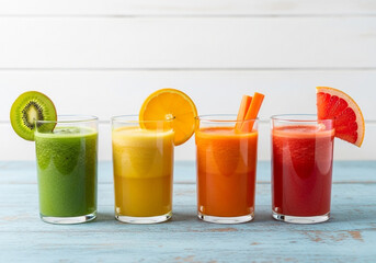 A vibrant lineup of four different healthy fruit smoothies, including citrus and kiwi, on a blue wooden table, perfect for promoting a detox or juice bar menu