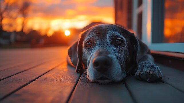 A loyal senior dog relaxing on a wooden deck during a beautiful sunset photo