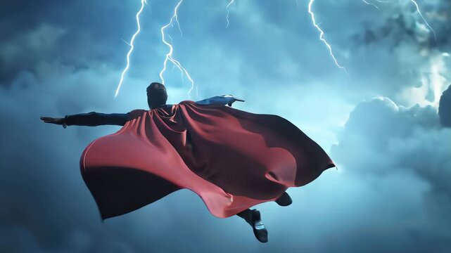 Superhero flying in thunderstorm skies