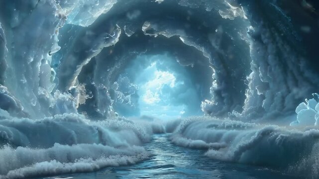 Supernatural arch of blue clouds over water surface