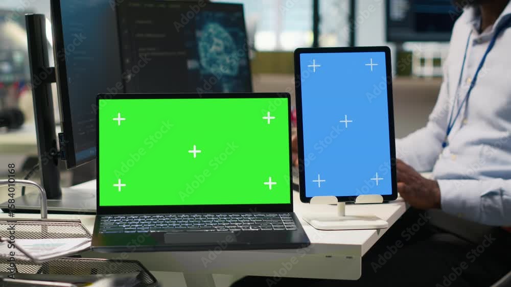 Poster startup office admin reviewing ai system metrics on isolated screen devices, monitoring performance 