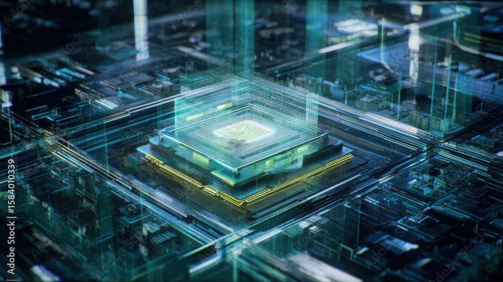 Poster a digital visualization of a modern computer processor, radiating lines of energy, showcasing its in