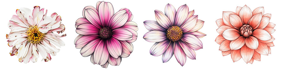 Obraz premium Floral Symphony: A quartet of radiant blossoms in a kaleidoscope of colors, embodying the delicate beauty and intricate detail of nature's artistry. isolated transparent background