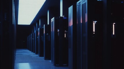 Immerse yourself in the high-tech world, a cool-toned server room. Futuristic design and intricate technological infrastructure creating a sophisticated scene.